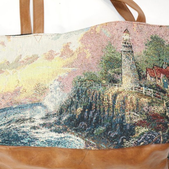 Unique Tan Vegan Leather and Canvas Tote Bag - Picture 3 of 10